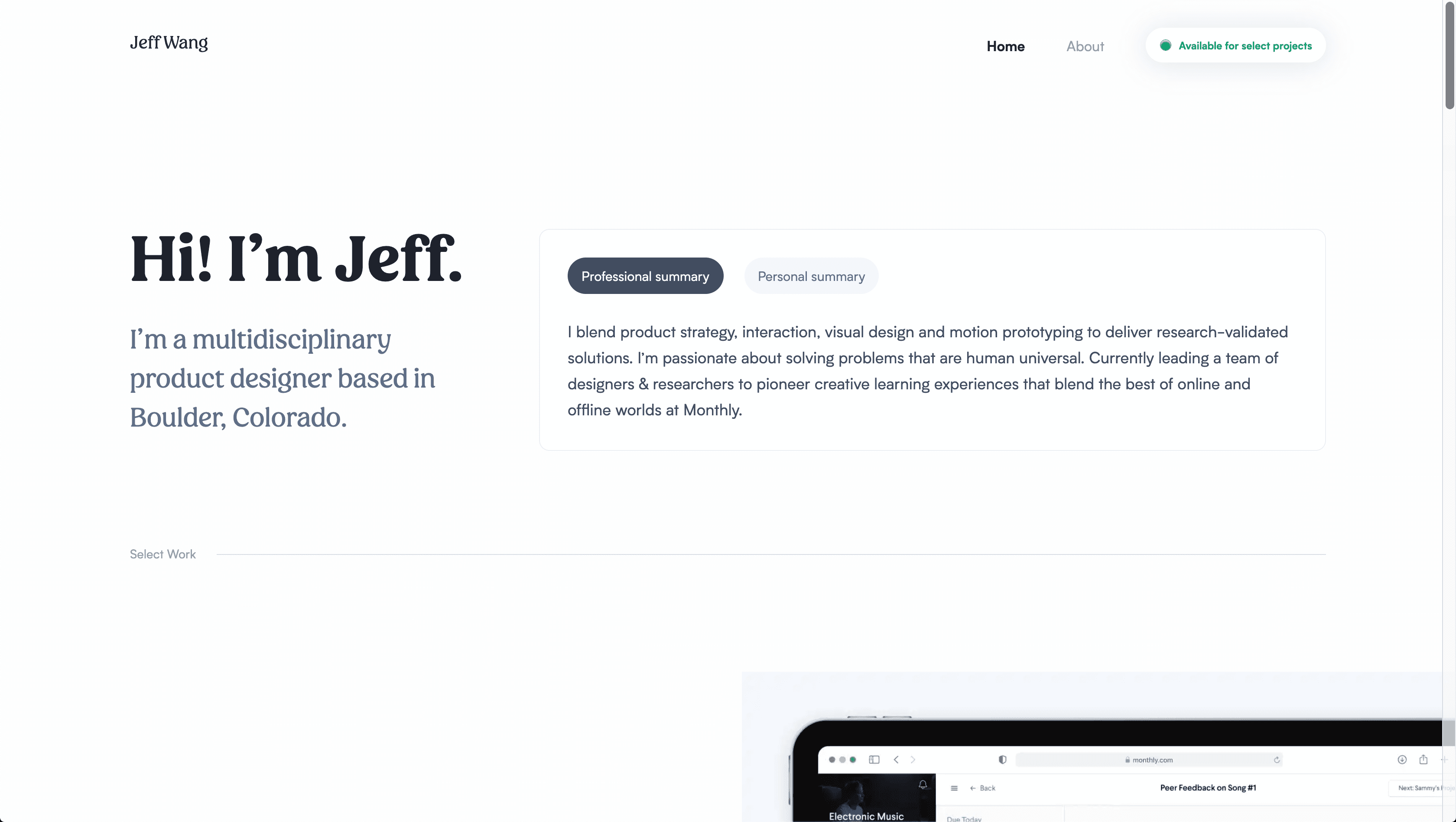 Screenshot of Jeff's portfolio